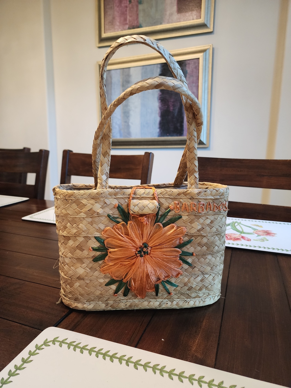 Vintage Handwoven Raffia Straw Tote with Orange Floral Accent